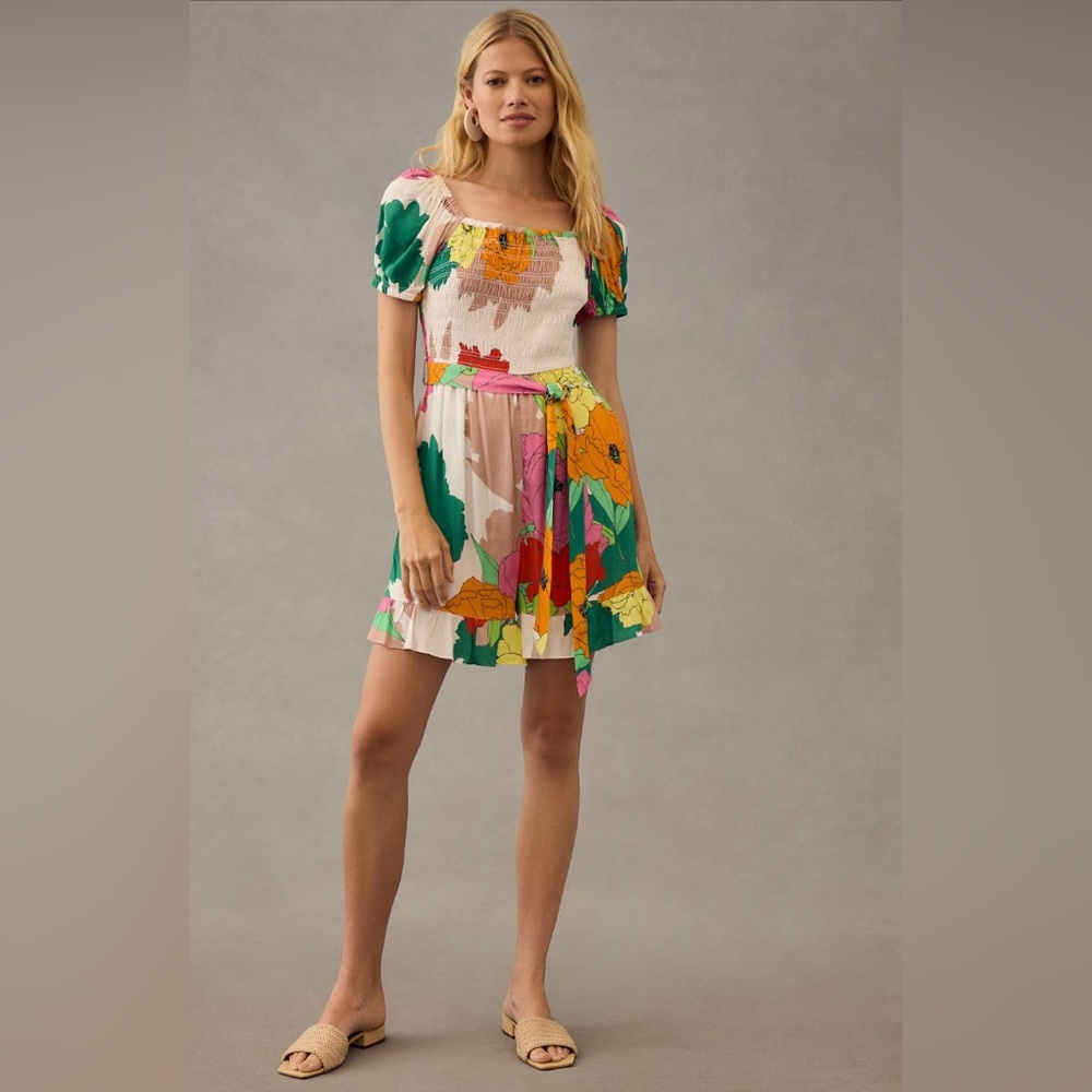 ✨ Anthropologie Puff-Sleeve Ruffle Romper Sz S - Picture 1 of 11